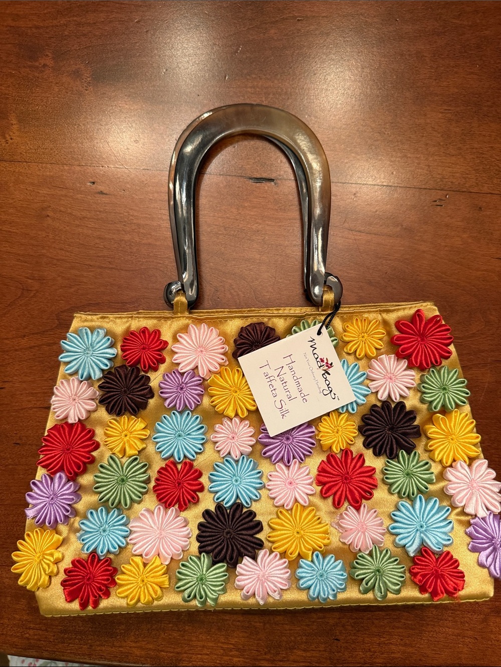Handmade Floral Appliqué Satin Clutch in Gold